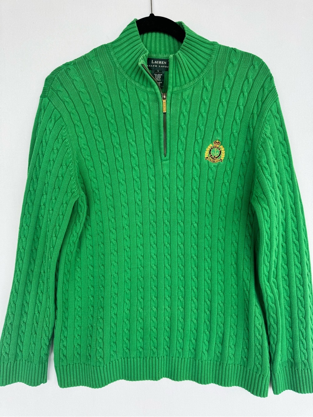 Ralph Lauren Bright Green Cable-Knit 1/4-Zip Sweater